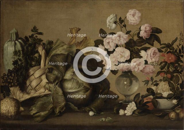 Still life with courgettes, grapes, parsley, cabbage, vase of peonies and fruit, c1630-1634. Creator: Strozzi; Bernardo (1581-1644).