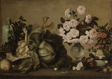 Still life with courgettes, grapes, parsley, cabbage, vase of peonies and fruit, c1630-1634. Creator: Strozzi; Bernardo (1581-1644)