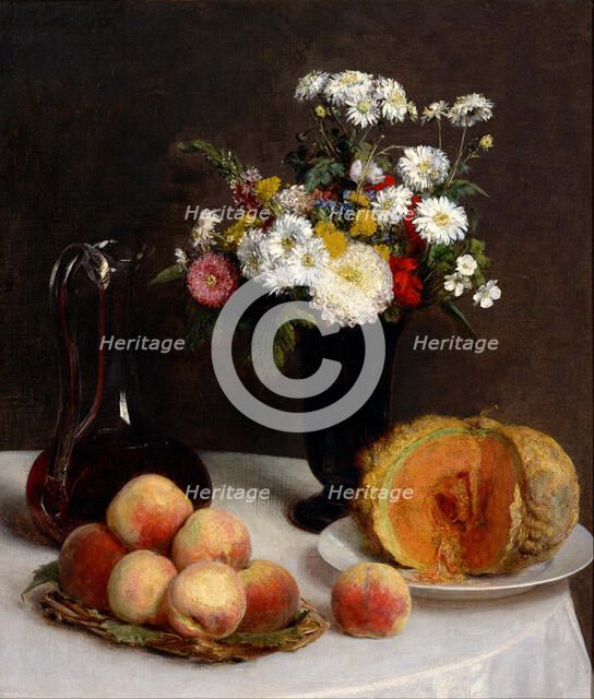 Still Life with Decanter, Flowers and Fruits, 1865. Artist: Fantin-Latour, Henri (1836-1904)