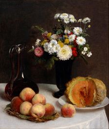 Still Life with Decanter, Flowers and Fruits, 1865. Artist: Fantin-Latour, Henri (1836-1904)