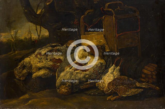 Still Life with Dead Birds, Cage and Net, c1630-1660. Creator: Jan Fyt.