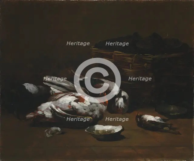 Still Life with Dead Birds and a Basket of Oysters, c. 1860 - 1880. Creator: Germain Ribot (French, 1845-1893).