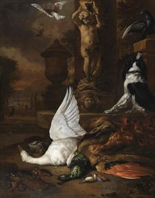 Still life with dead swan, a peacock and a dog by a garden fountain, 1684. Creator: Jan Weenix