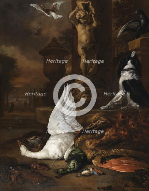 Still life with dead swan, a peacock and a dog by a garden fountain, 1684. Creator: Jan Weenix.