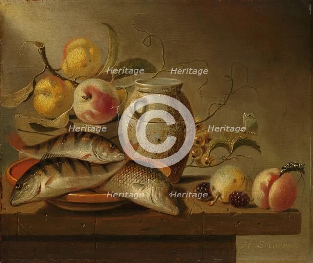Still Life with Earthenware Jar, Fish and Fruit, 1652. Creator: Harmen Steenwijck.