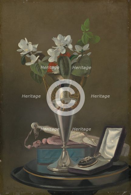 Still Life with Fan and Pendant, c. 1865/1875. Creator: Samuel Marsdon Brookes.