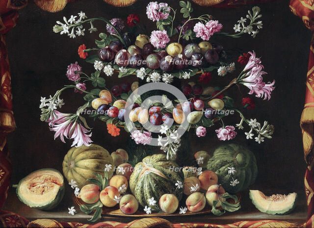 Still life with figs, plums, peaches and melons.