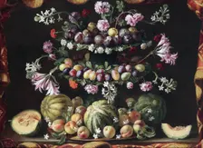 Still life with figs, plums, peaches and melons
