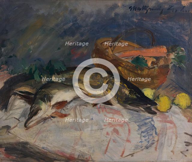 Still life with fish, 1921. Creator: Zsolnay László Mattyasovszky.