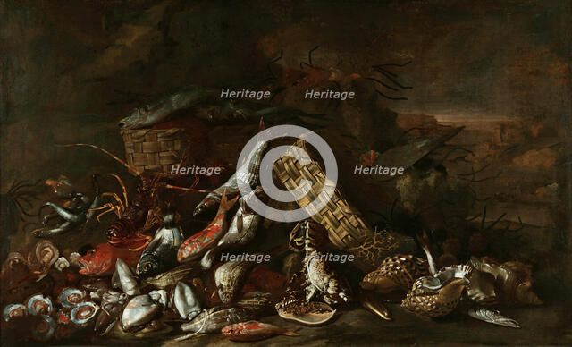 Still Life with Fish, ca 1675. Creator: Ruoppolo, Giovan Battista (1629-1693).