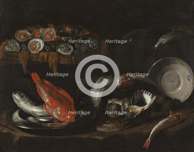 Still Life with Fish and Oysters, 1653. Creator: Giovanni Battista Recco.