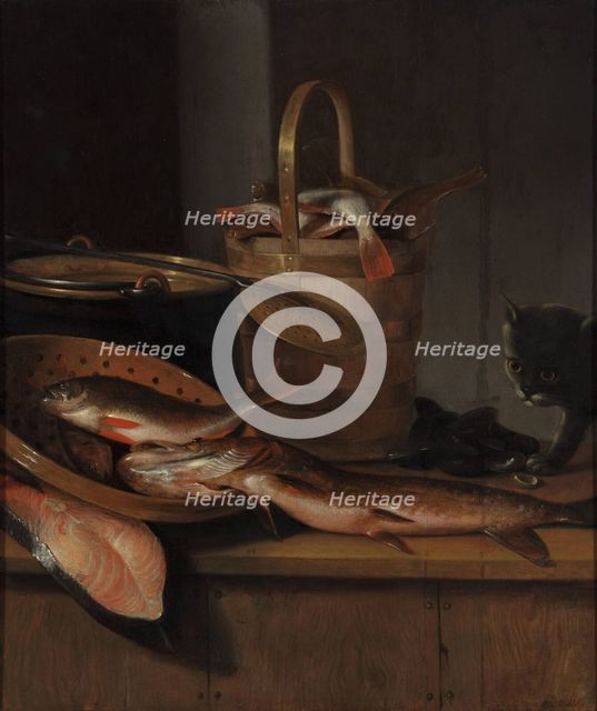 Still life with fish and a cat, c. 1650-1660. Artist: Vaillant, Wallerant (1623-1677)