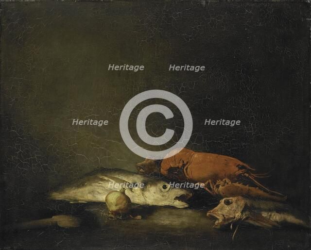 Still life with fish and a lobster, 1850-1891. Creator: Theodule Ribot.