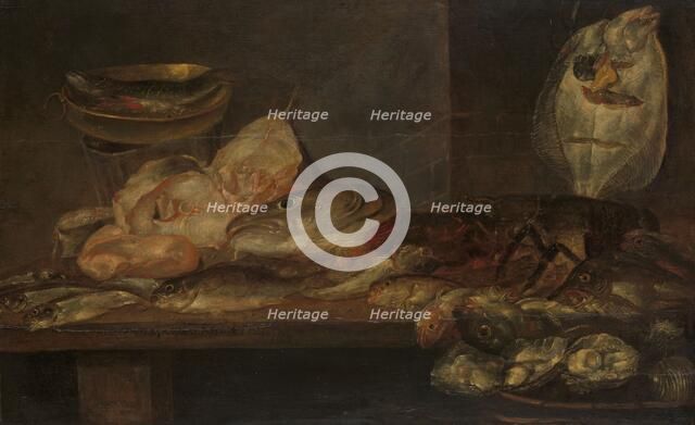 Still Life with Fish and a Lobster and Oysters on a Table nearby, 1660. Creator: Alexander Adriaenssen.