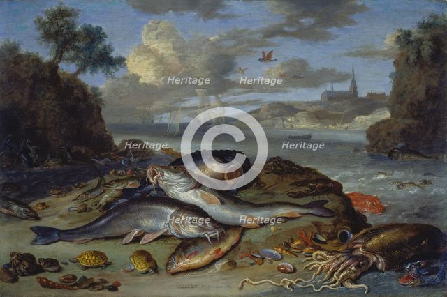 Still Life with Fish and Sea Animals in a Coastal Landscape, 1661. Creator: Jan van Kessel.