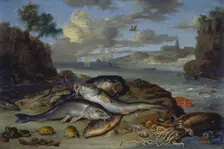 Still Life with Fish and Sea Animals in a Coastal Landscape, 1661. Creator: Jan van Kessel