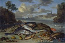 Still Life with Fish and Sea Animals in a Coastal Landscape, 1661. Creator: Jan van Kessel
