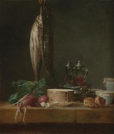 Still Life with Fish, Vegetables, Gougères, Pots, and Cruets on a Table, 1769. Creator: Jean-Simeon Chardin