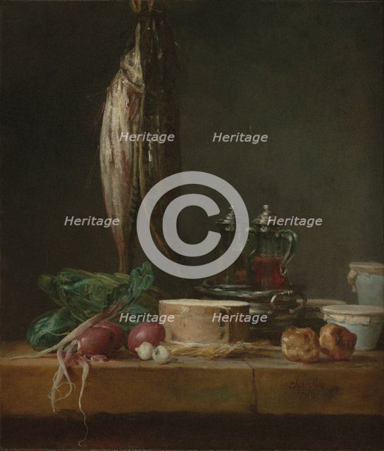 Still Life with Fish, Vegetables, Gougères, Pots, and Cruets on a Table, 1769. Creator: Jean-Simeon Chardin.