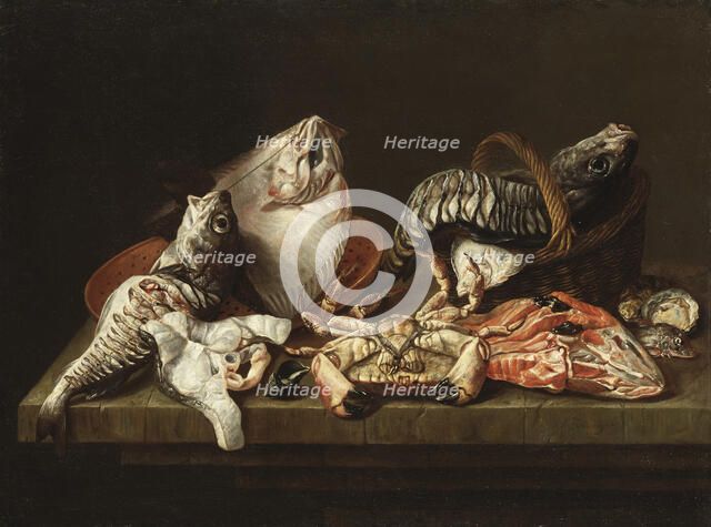 Still Life with Fishes, a Crab and Oysters. Creator: Isaac van Duynen.