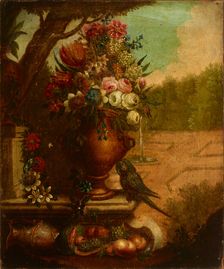 Still Life with Flowers and a Parrot, second half of 19th century. Creator: Unknown