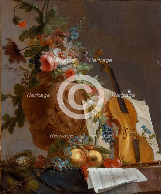 Still life with flowers and a violin, c. 1750. Artist: Bachelier, Jean-Jacques (1724-1806)