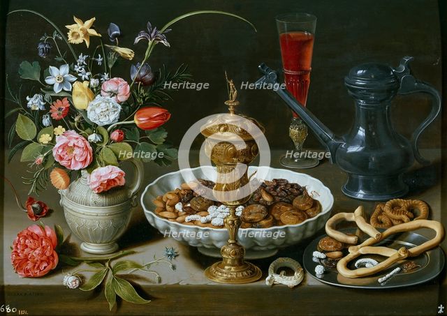 Still life with flowers, goblet and dainties, 1611. Creator: Clara Peeters.