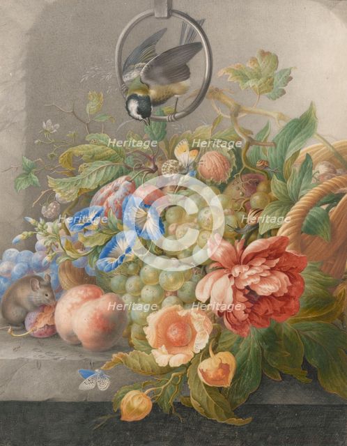 Still Life with Flowers, Fruit, a Great Tit and a Mouse, c.1700-c.1710. Creator: Herman Henstenburgh.