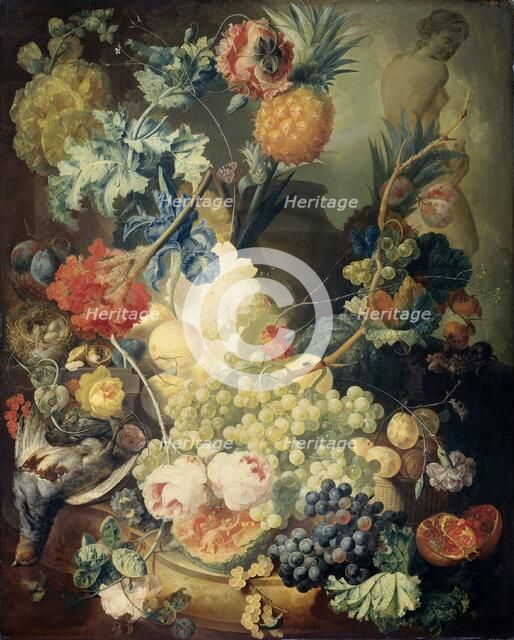 Still Life with Flowers, Fruit and Birds, 1774. Creator: Jan van Os.