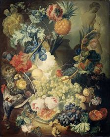 Still Life with Flowers, Fruit and Birds, 1774. Creator: Jan van Os