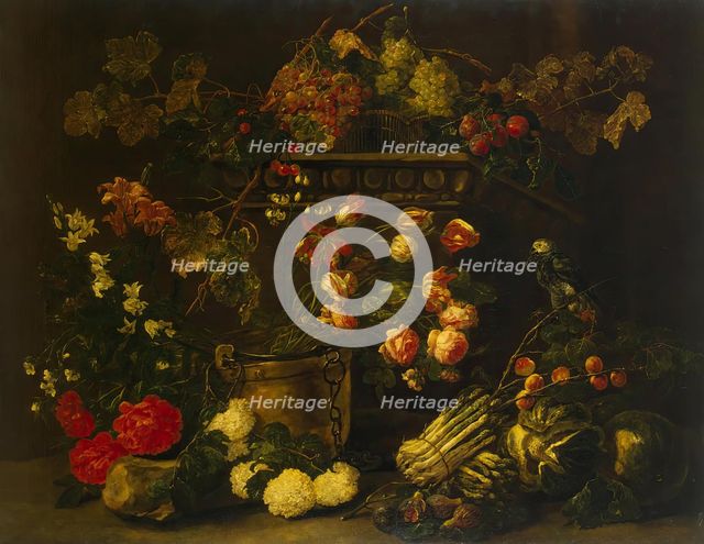 Still Life with Flowers, Fruit and Parrot, 1650. Creator: Jan Fyt.