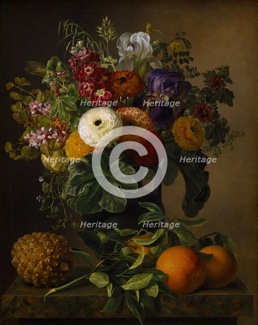Still life with flowers in an antique vase, 1834. Creator: Jensen, Johan Laurentz (1800-1856).