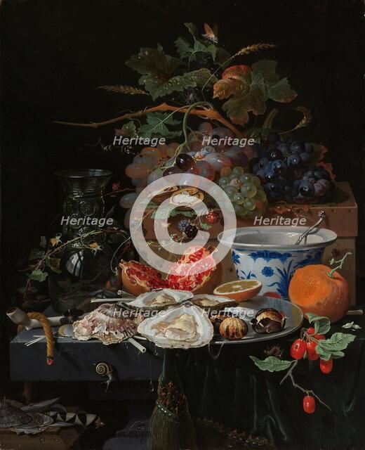 Still Life with Fruit, Oysters, and a Porcelain Bowl, 1660-1679. Creator: Abraham Mignon.
