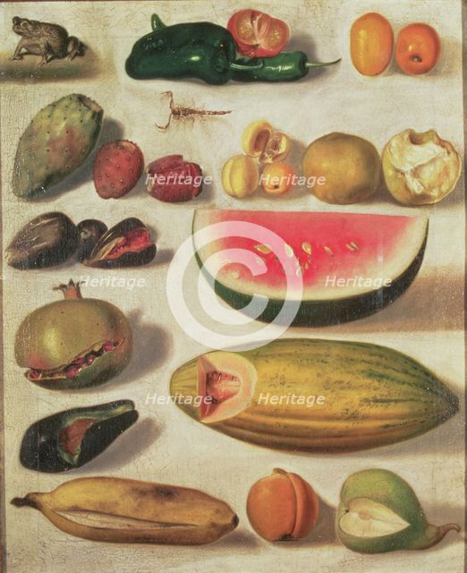  'Still Life with Fruit and Toad', oil by Hermenegildo Bustos.