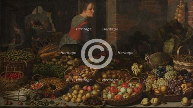 Still Life with Fruit and Vegetables, with Christ at Emmaus in the background, c.1630. Creators: Jesus Christ, Floris van Schooten.