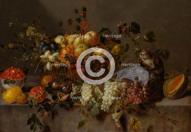 Still Life with Fruit and a Monkey eating Grapes, 1635. Creator: Adriaen van Utrecht.