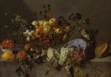 Still Life with Fruit and a Monkey eating Grapes, 1635. Creator: Adriaen van Utrecht