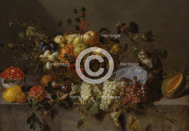 Still Life with Fruit and a Monkey eating Grapes, 1635. Creator: Adriaen van Utrecht.