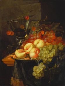 Still Life with Fruit and a Cherry Branch over a Berkemeyer Glass, c1658. Creator: Pieter de Ring