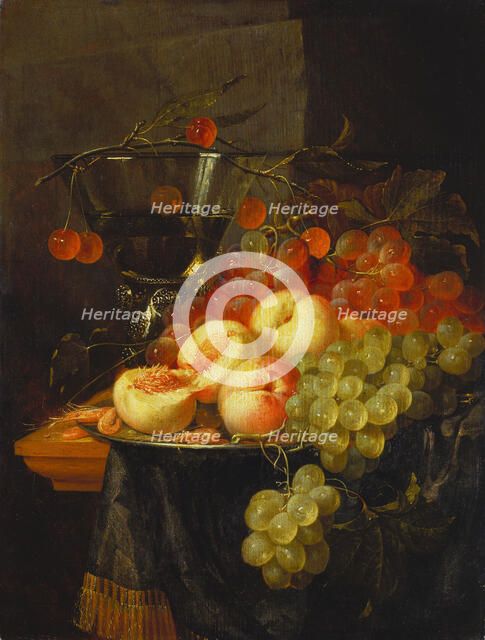 Still Life with Fruit and a Cherry Branch over a Berkemeyer Glass, c1658. Creator: Pieter de Ring.