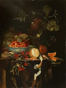 Still Life with Fruit and a Chinese Porcelain Bowl with Strawberries, 1665. Creator: Harmen Loeding