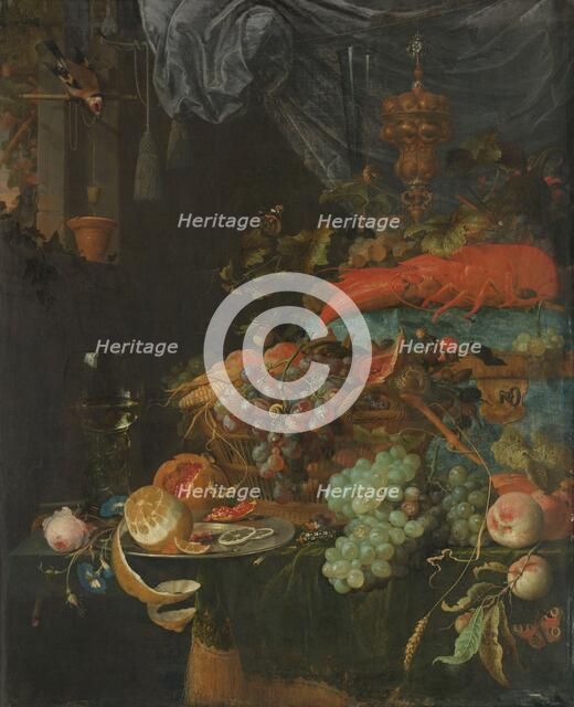 Still Life with Fruit and a Goldfinch, 1660-1679. Creator: Abraham Mignon.