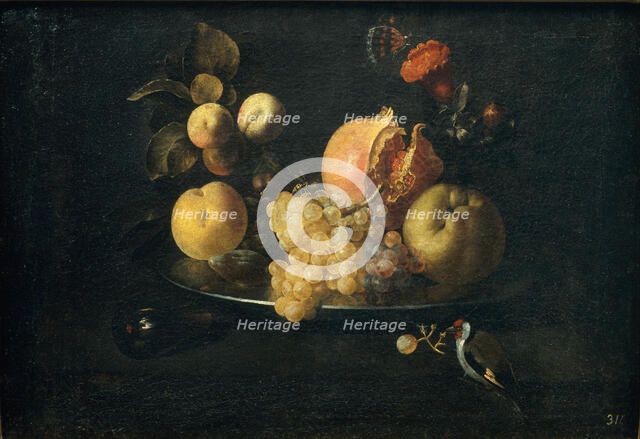 Still Life with Fruit and Goldfinch. Artist: Zurbarán, Juan de (1620-1649)