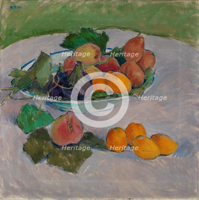 Still life with fruit and leaves.