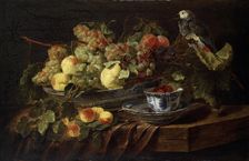 Still Life with Fruit and Parrot 1645. Artist: Jan Fyt