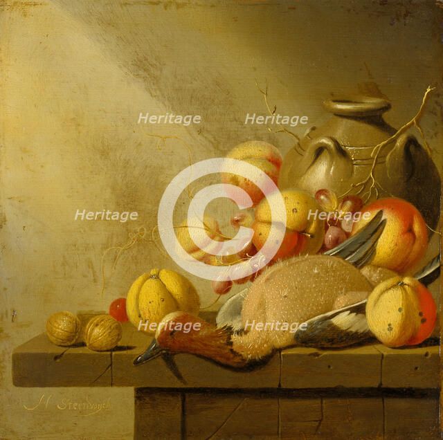 Still Life with Fruit and Plucked Duck, c1651-1653. Creator: Harmen Steenwijck.