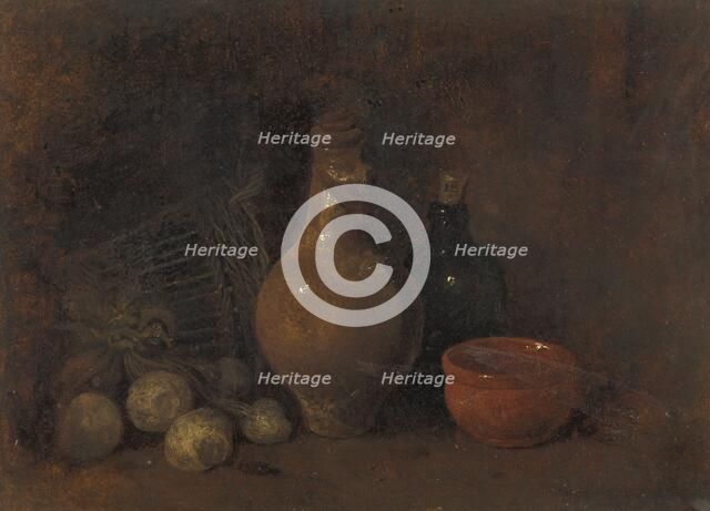 Still life with fruit, bottle and pottery, 1827-1887.  Creator: Francois Bonvin.