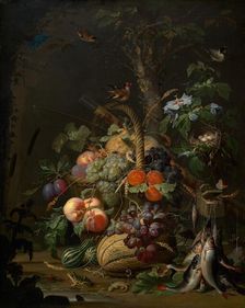 Still Life with Fruit, Fish, and a Nest, c. 1675. Creator: Abraham Mignon