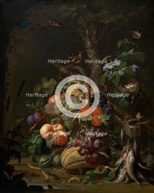 Still Life with Fruit, Fish, and a Nest, c. 1675. Creator: Abraham Mignon.