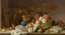 Still life with fruit in a wicker basket, blue and white porcelain plate, vine leaves, various.... Creator: Ast, Balthasar, van der (1593/4-1657)